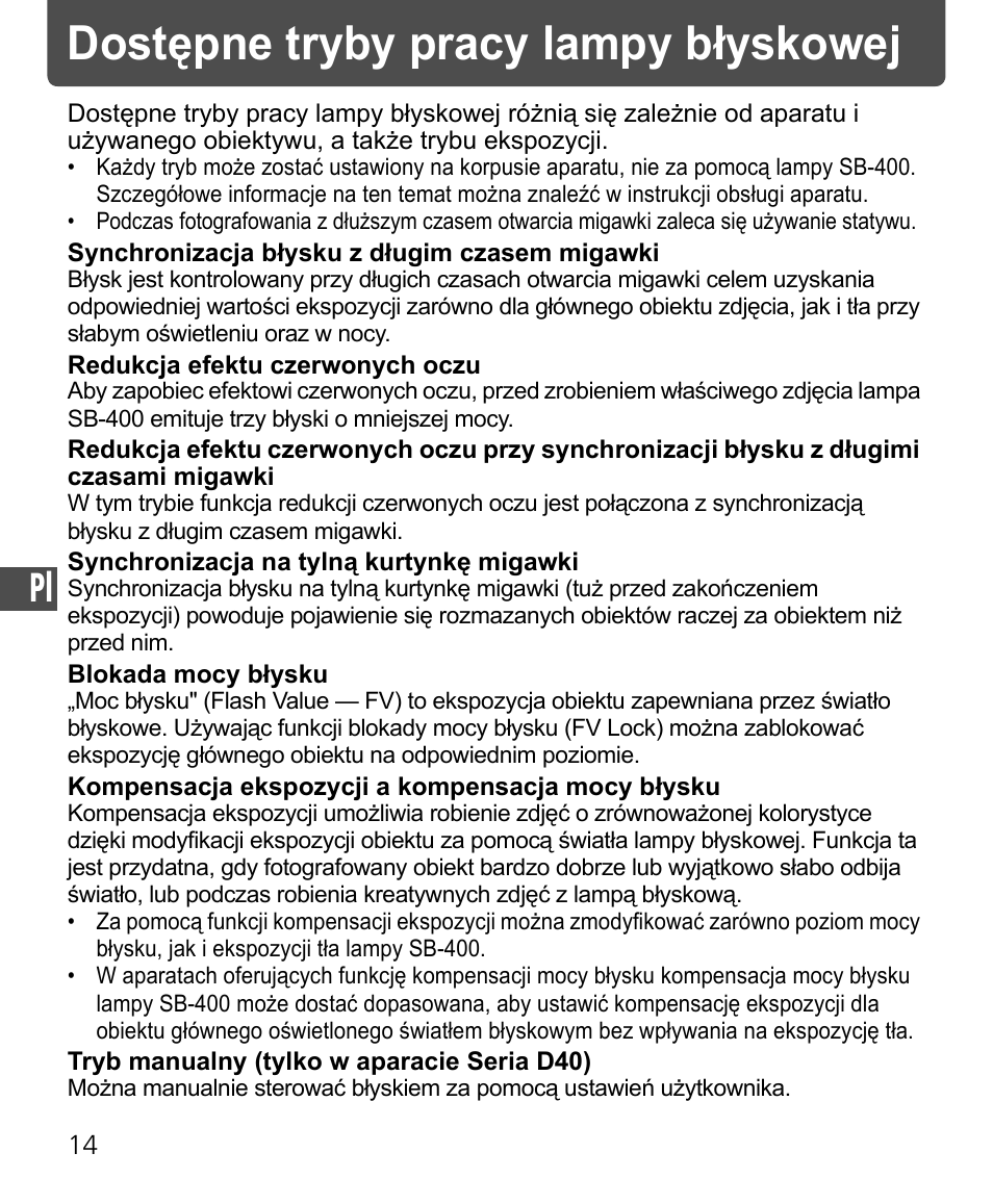 Dostępne tryby pracy lampy błyskowej | Nikon Speedlite SB-400 User Manual | Page 159 / 218