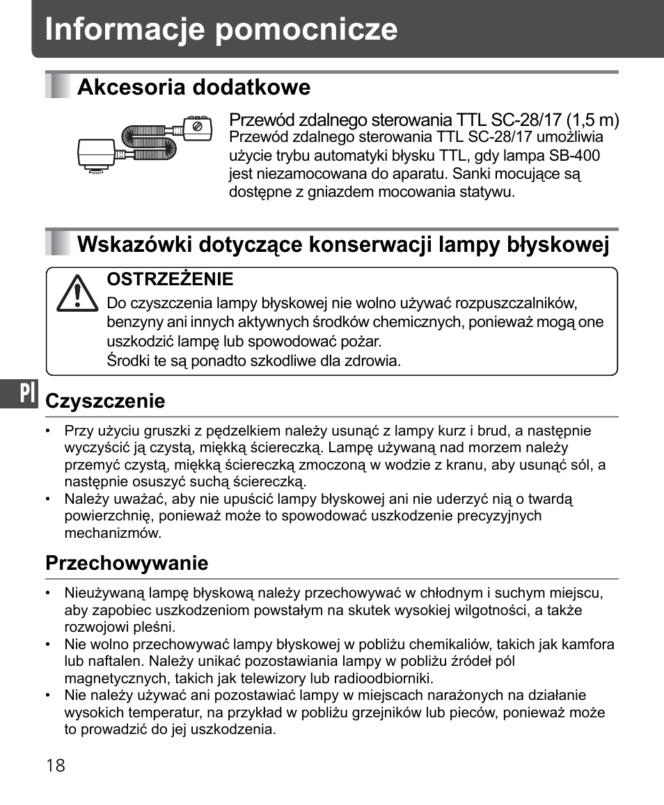 Informacje pomocnicze, Akcesoria dodatkowe, Wskazówki dotyczące konserwacji lampy błyskowej | Czyszczenie, Przechowywanie | Nikon Speedlite SB-400 User Manual | Page 163 / 218