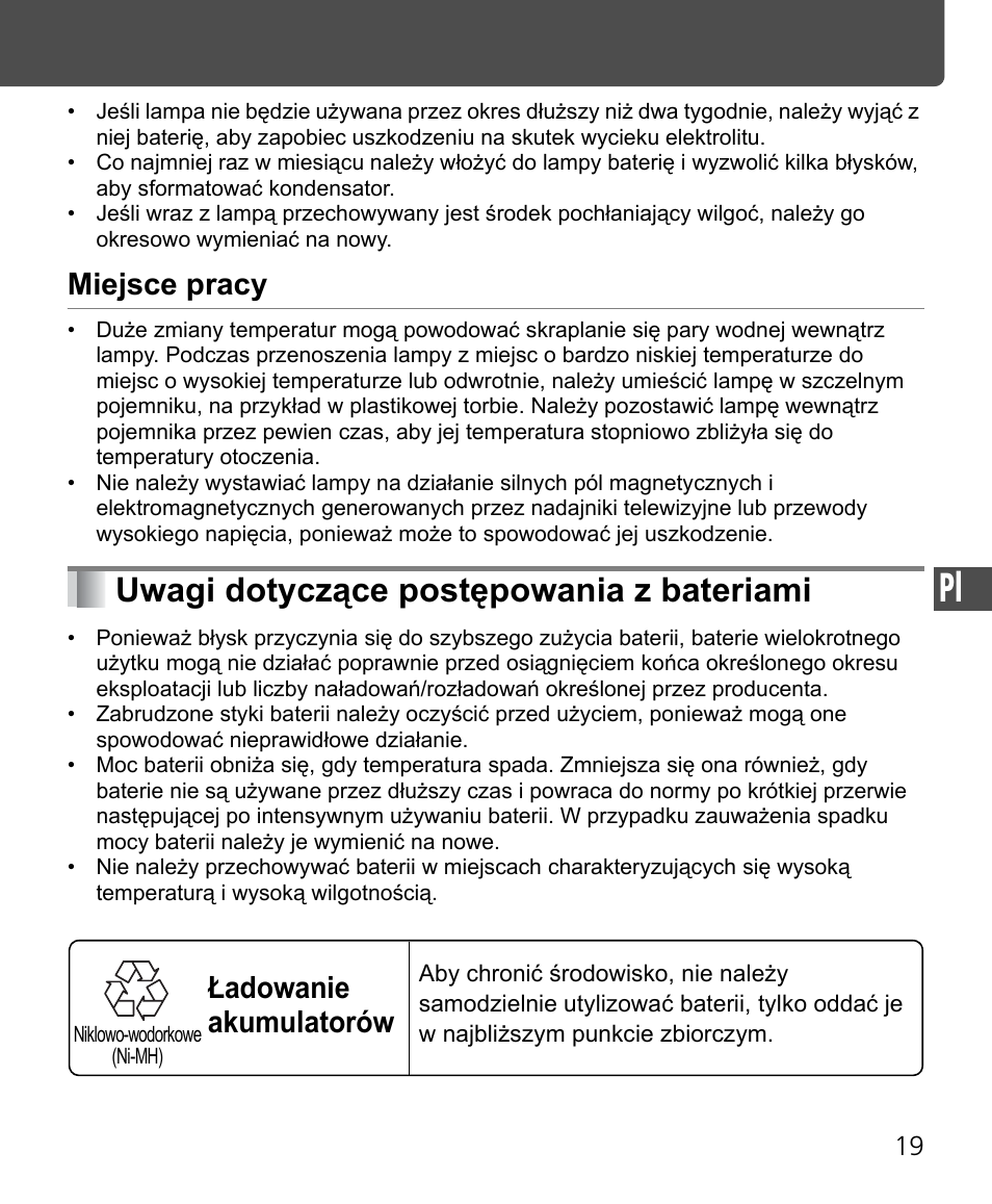 Uwagi dotyczące postępowania z bateriami, Miejsce pracy, Ładowanie akumulatorów | Nikon Speedlite SB-400 User Manual | Page 164 / 218