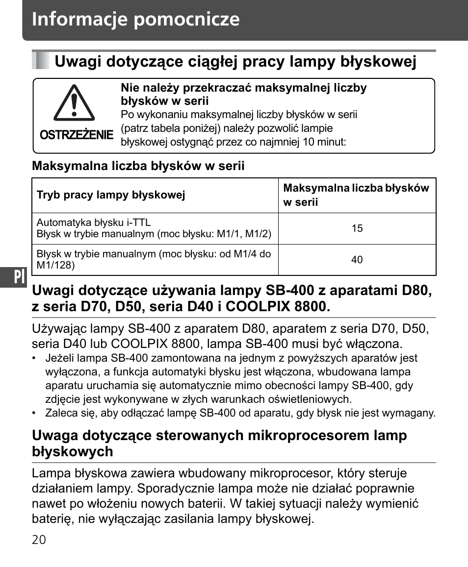 Informacje pomocnicze, Uwagi dotyczące ciągłej pracy lampy błyskowej | Nikon Speedlite SB-400 User Manual | Page 165 / 218