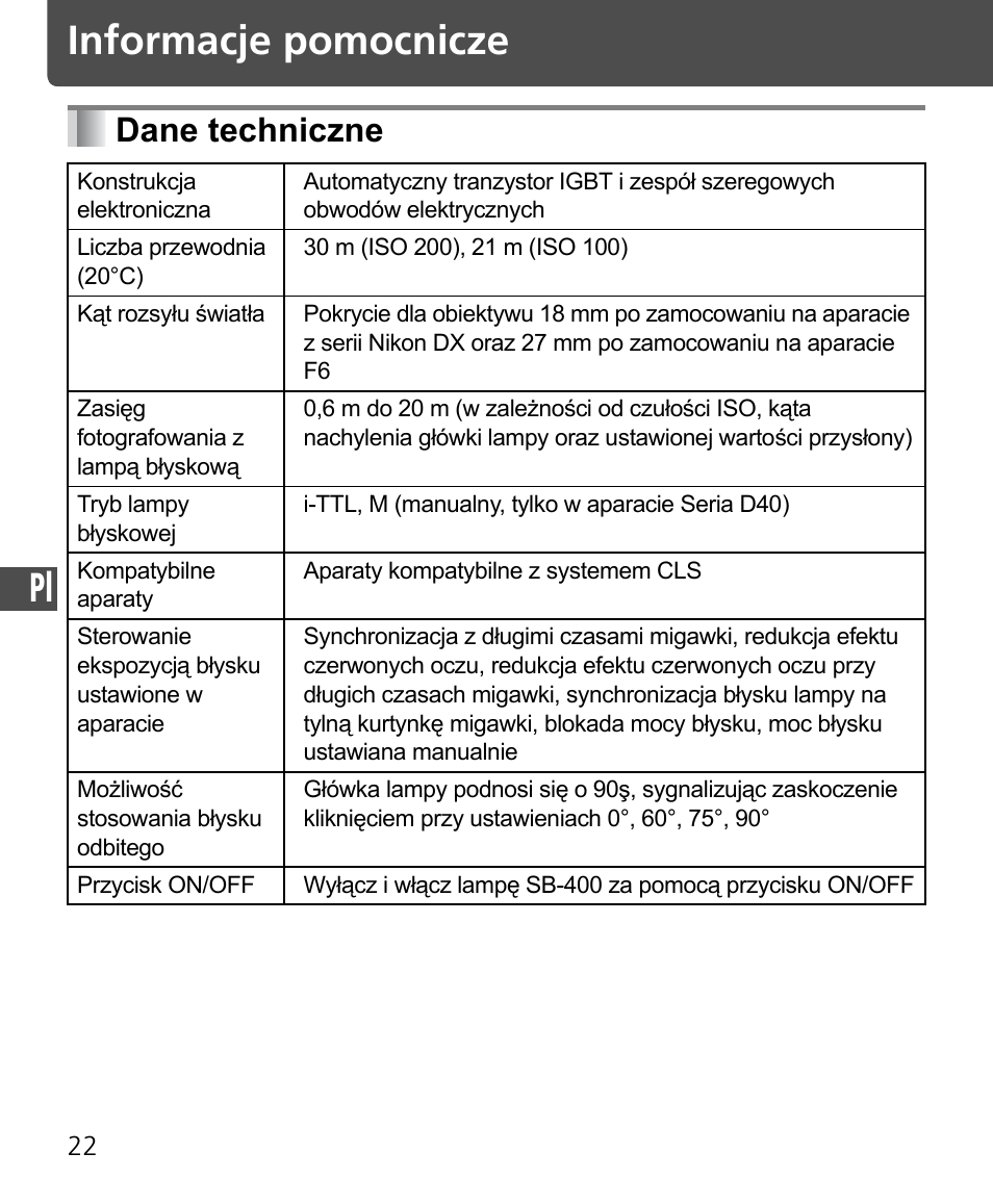 Informacje pomocnicze, Dane techniczne | Nikon Speedlite SB-400 User Manual | Page 167 / 218