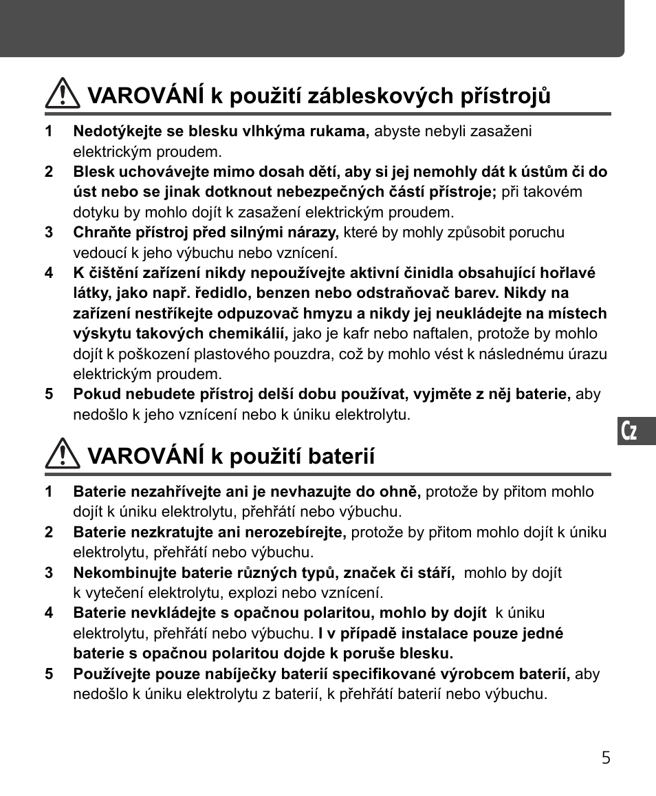 Varování k použití zábleskových přístrojů, Varování k použití baterií | Nikon Speedlite SB-400 User Manual | Page 174 / 218