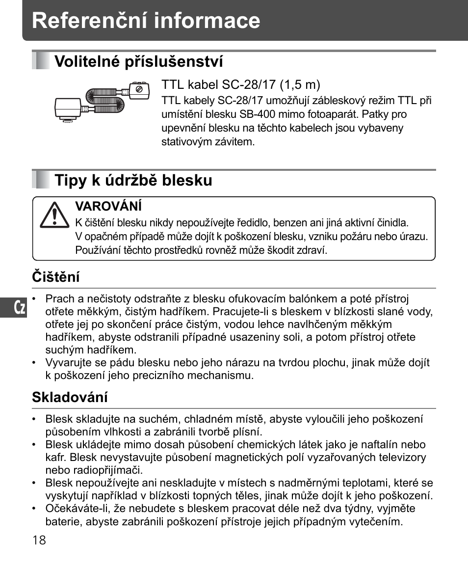 Referenční informace, Volitelné příslušenství • tipy k údržbě blesku, Volitelné příslušenství | Tipy k údržbě blesku, Čištění, Skladování | Nikon Speedlite SB-400 User Manual | Page 187 / 218