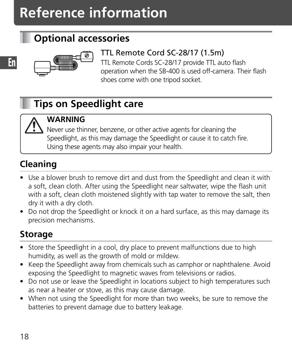 Reference information, Optional accessories • tips on speedlight care, Optional accessories | Tips on speedlight care, Cleaning, Storage | Nikon Speedlite SB-400 User Manual | Page 19 / 218