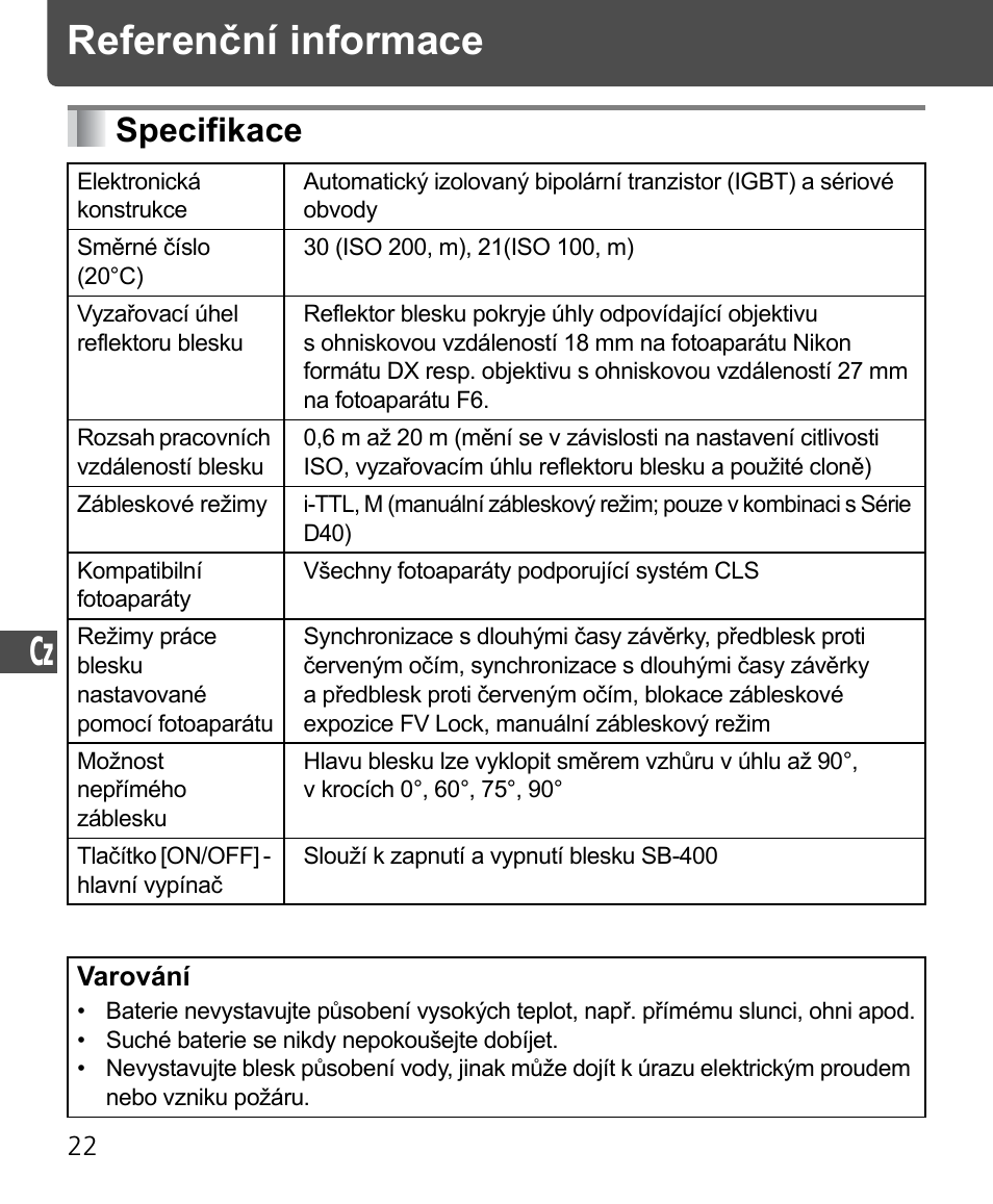 Specifikace, Referenční informace | Nikon Speedlite SB-400 User Manual | Page 191 / 218