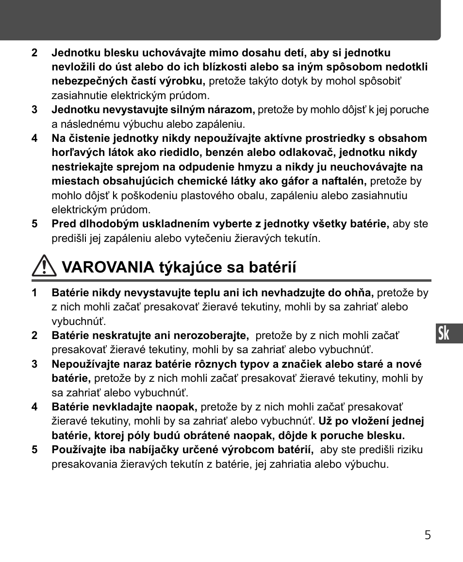 Varovania týkajúce sa batérií | Nikon Speedlite SB-400 User Manual | Page 198 / 218