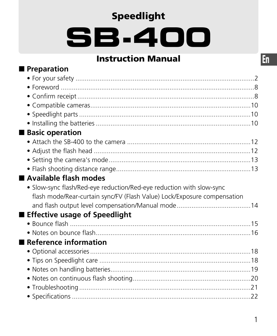 Sb-400 | Nikon Speedlite SB-400 User Manual | Page 2 / 218