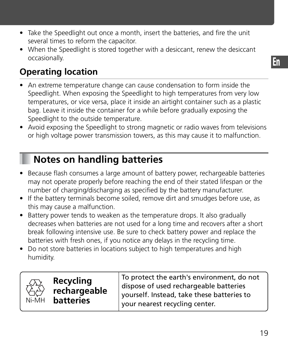 Notes on handling batteries, Operating location, Recycling rechargeable batteries | Nikon Speedlite SB-400 User Manual | Page 20 / 218