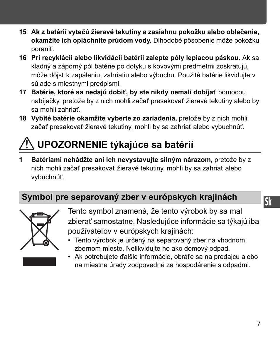 Upozornenie týkajúce sa batérií, Symbol pre separovaný zber v európskych krajinách | Nikon Speedlite SB-400 User Manual | Page 200 / 218