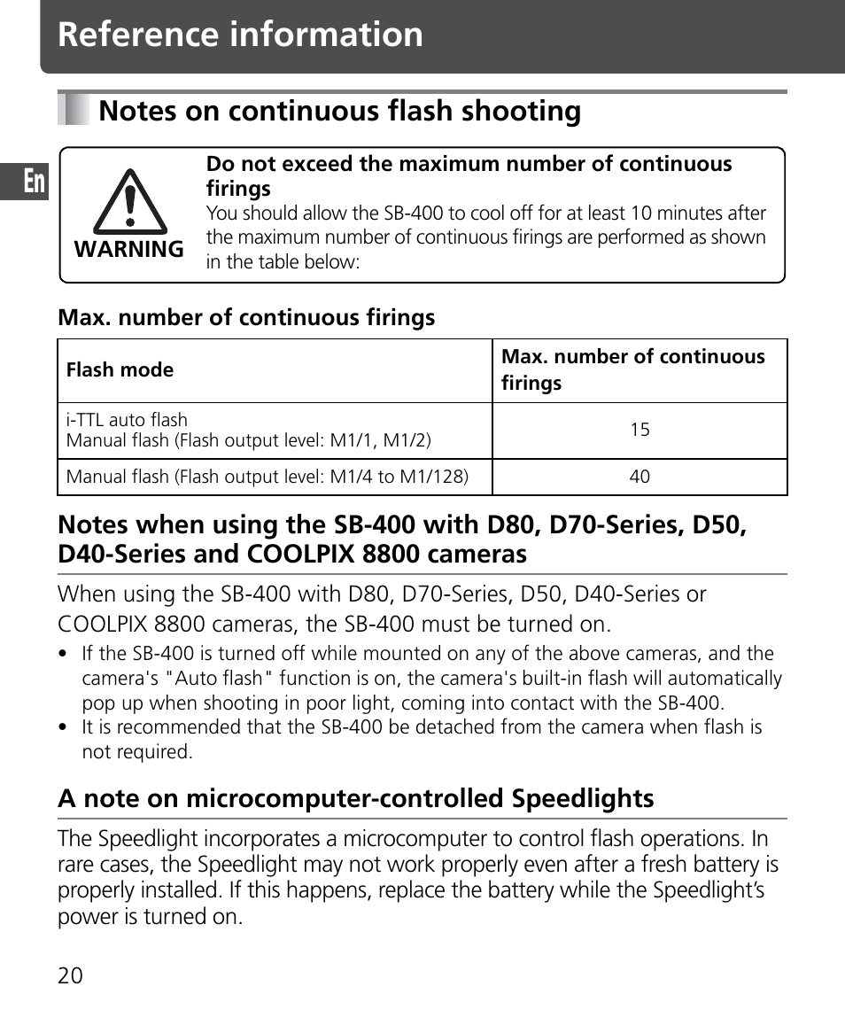 Notes on continuous flash shooting, Reference information | Nikon Speedlite SB-400 User Manual | Page 21 / 218