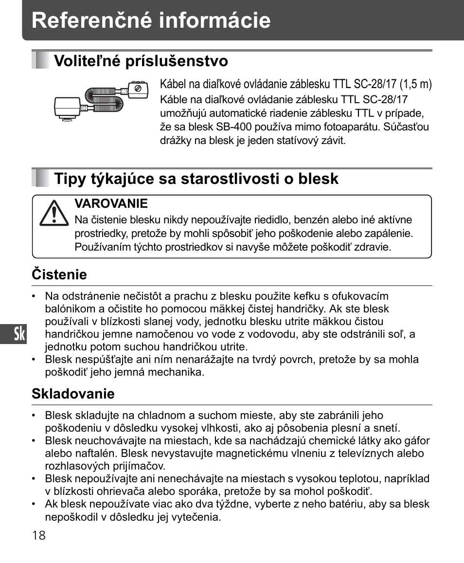 Referenčné informácie, Voliteľné príslušenstvo, Tipy týkajúce sa starostlivosti o blesk | Čistenie, Skladovanie | Nikon Speedlite SB-400 User Manual | Page 211 / 218