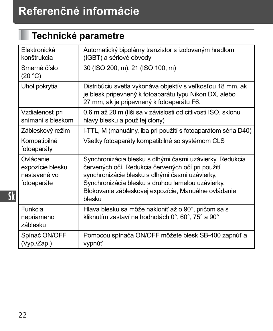 Referenčné informácie, Technické parametre | Nikon Speedlite SB-400 User Manual | Page 215 / 218
