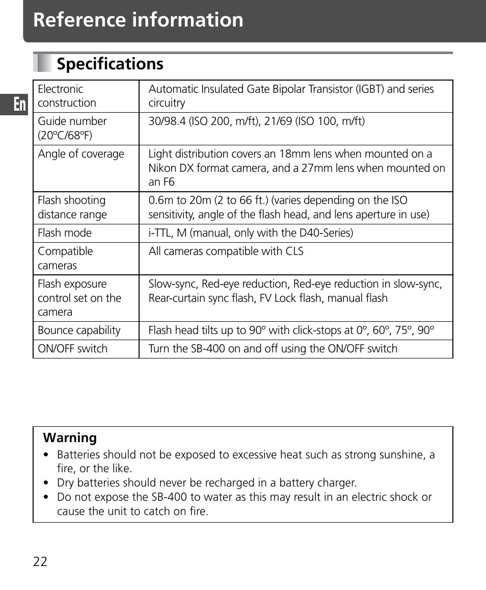 Reference information, Specifications | Nikon Speedlite SB-400 User Manual | Page 23 / 218