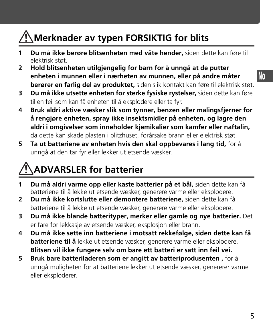 Merknader av typen forsiktig for blits, Advarsler for batterier | Nikon Speedlite SB-400 User Manual | Page 30 / 218