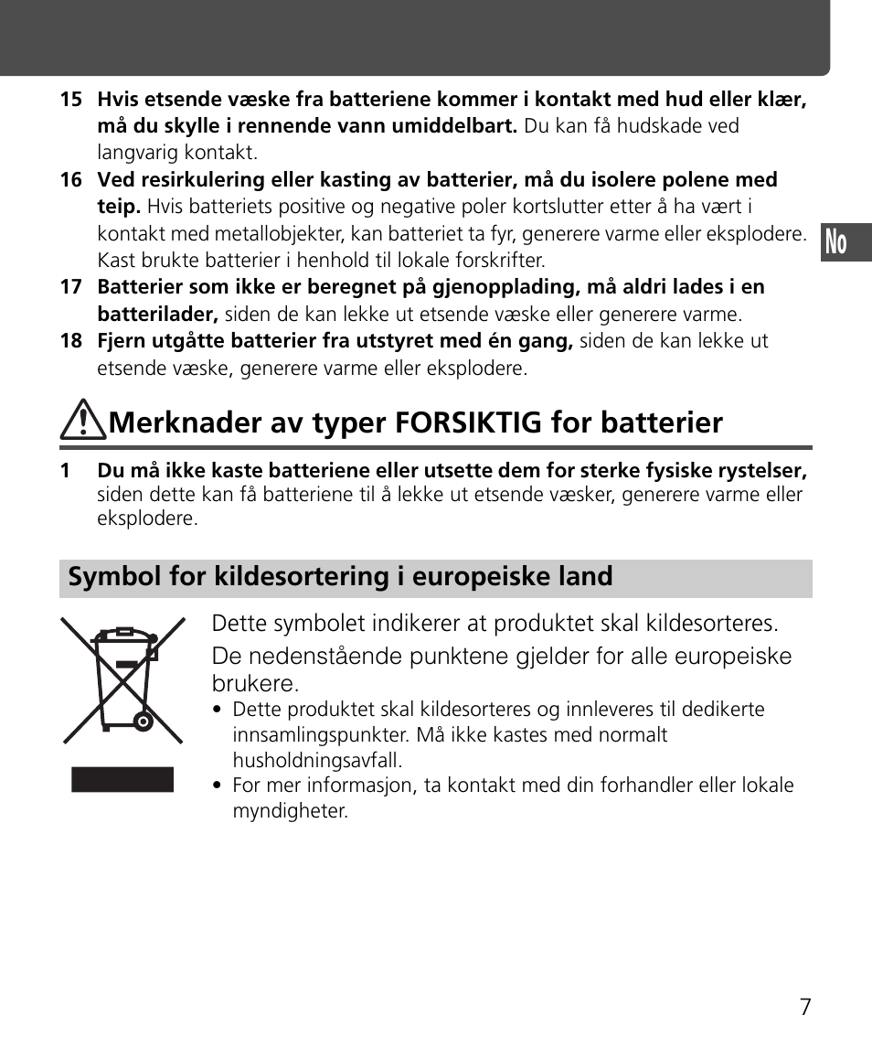 Merknader av typer forsiktig for batterier, Symbol for kildesortering i europeiske land | Nikon Speedlite SB-400 User Manual | Page 32 / 218