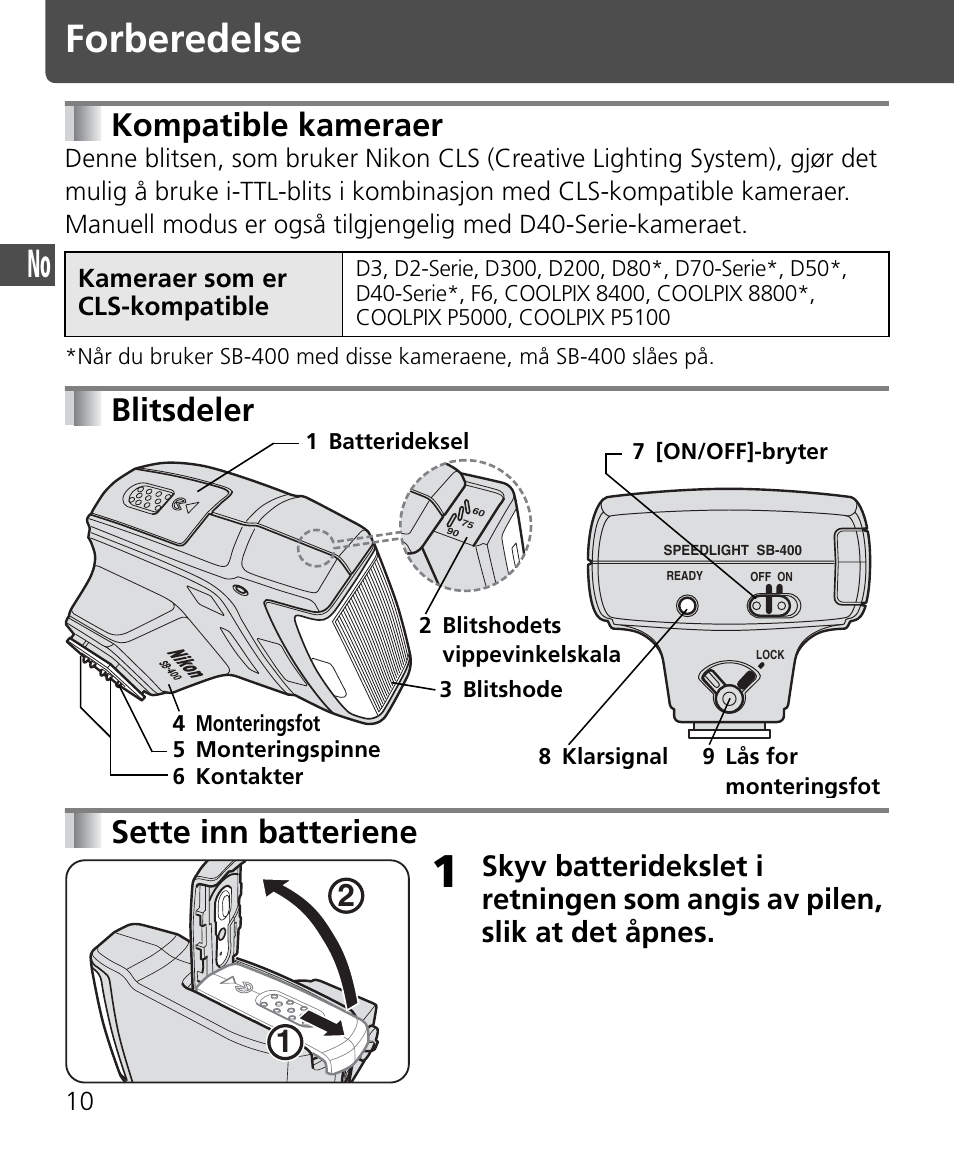 Forberedelse, Kompatible kameraer, Blitsdeler sette inn batteriene | Nikon Speedlite SB-400 User Manual | Page 35 / 218
