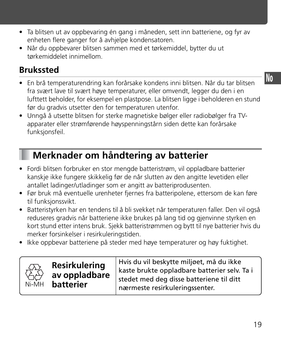 Merknader om håndtering av batterier, Brukssted, Resirkulering av oppladbare batterier | Nikon Speedlite SB-400 User Manual | Page 44 / 218