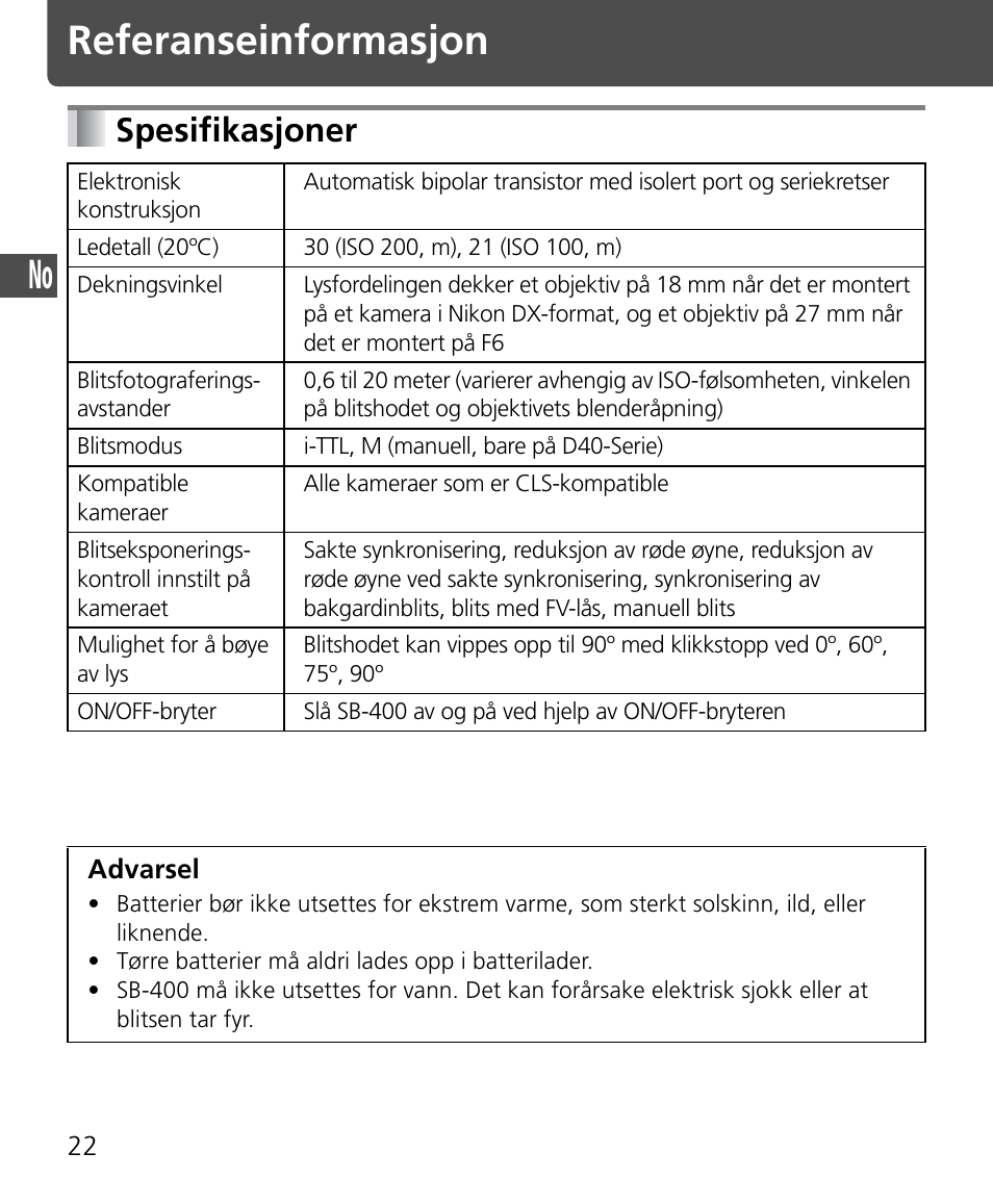 Referanseinformasjon, Spesifikasjoner | Nikon Speedlite SB-400 User Manual | Page 47 / 218