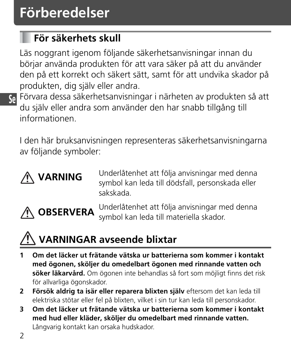 Förberedelser, För säkerhets skull | Nikon Speedlite SB-400 User Manual | Page 51 / 218