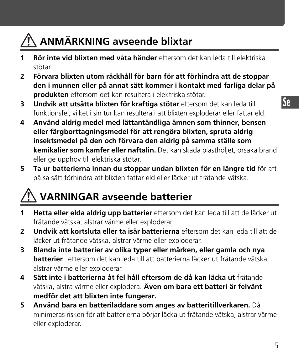 Anmärkning avseende blixtar, Varningar avseende batterier | Nikon Speedlite SB-400 User Manual | Page 54 / 218