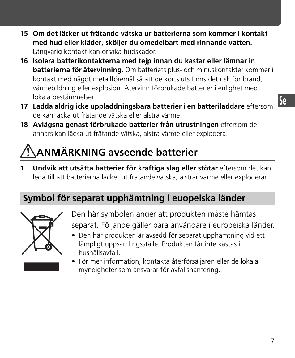 Anmärkning avseende batterier, Symbol för separat upphämtning i euopeiska länder | Nikon Speedlite SB-400 User Manual | Page 56 / 218