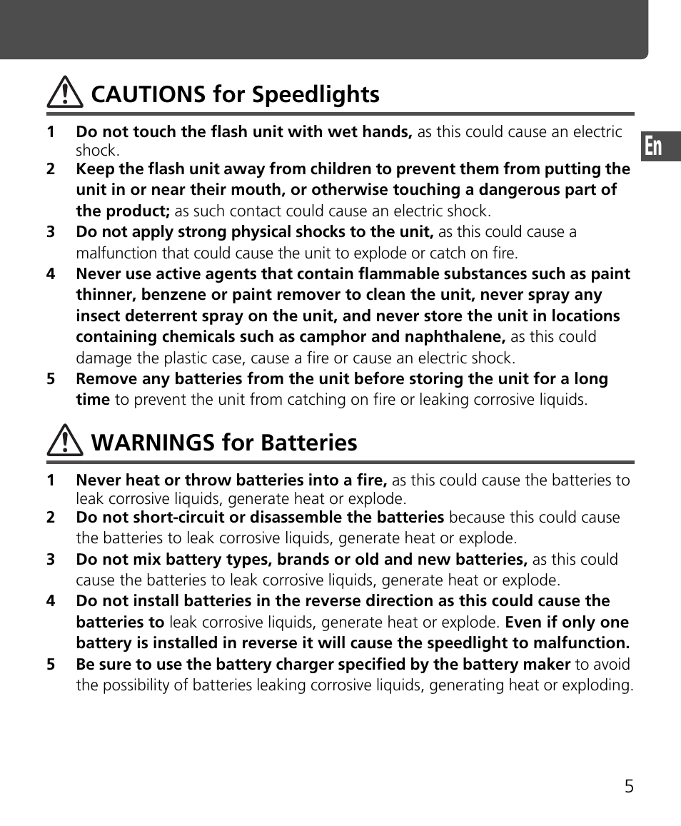 Cautions for speedlights, Warnings for batteries | Nikon Speedlite SB-400 User Manual | Page 6 / 218