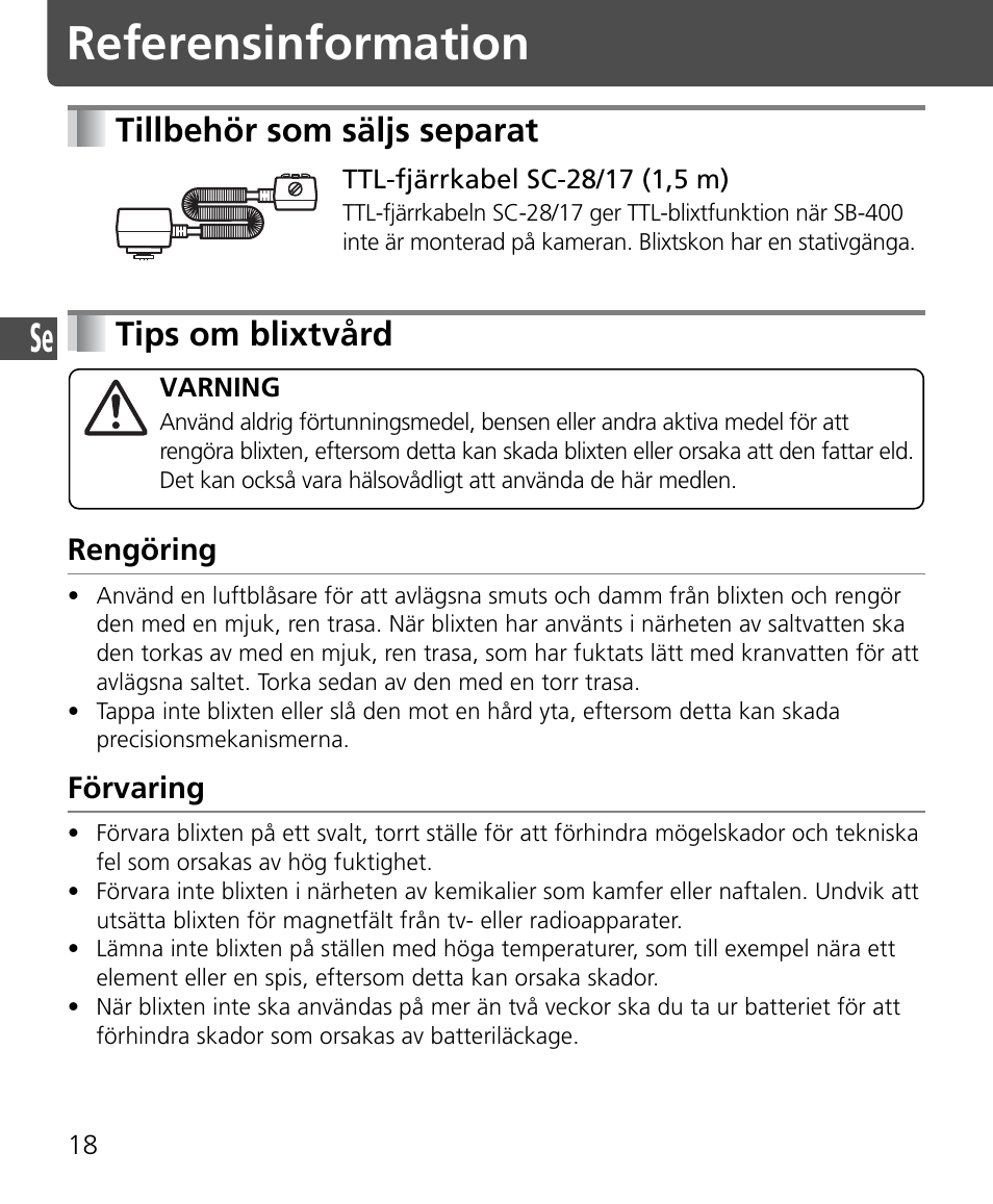 Referensinformation, Tillbehör som säljs separat • tips om blixtvård, Tillbehör som säljs separat | Tips om blixtvård, Rengöring, Förvaring | Nikon Speedlite SB-400 User Manual | Page 67 / 218