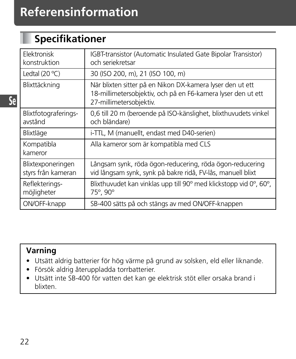 Referensinformation, Specifikationer | Nikon Speedlite SB-400 User Manual | Page 71 / 218