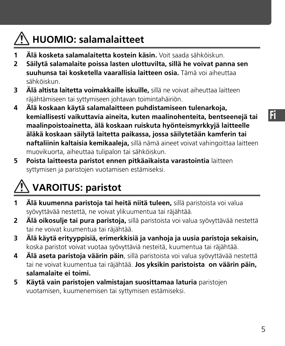 Huomio: salamalaitteet, Varoitus: paristot | Nikon Speedlite SB-400 User Manual | Page 78 / 218