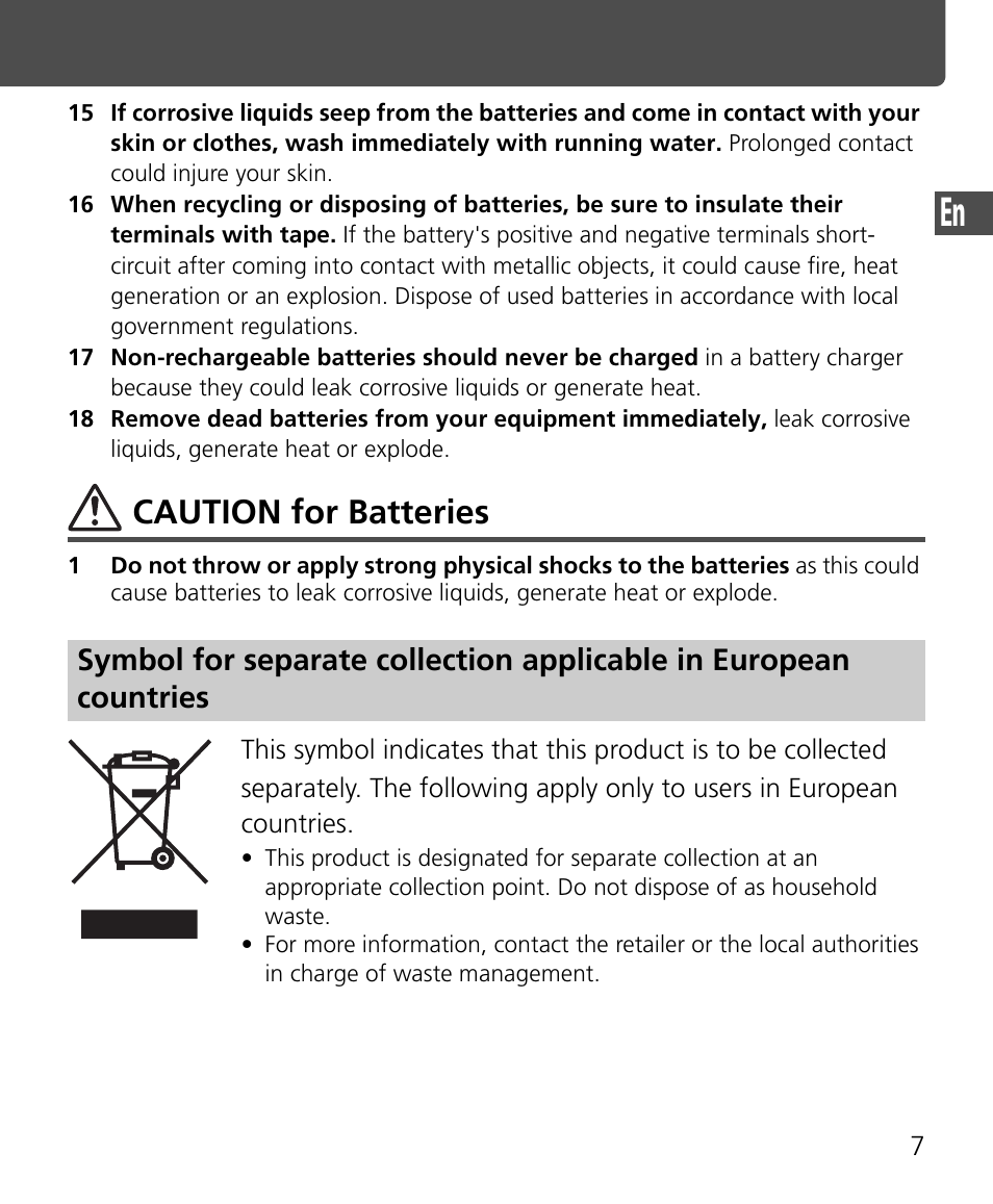 Caution for batteries | Nikon Speedlite SB-400 User Manual | Page 8 / 218