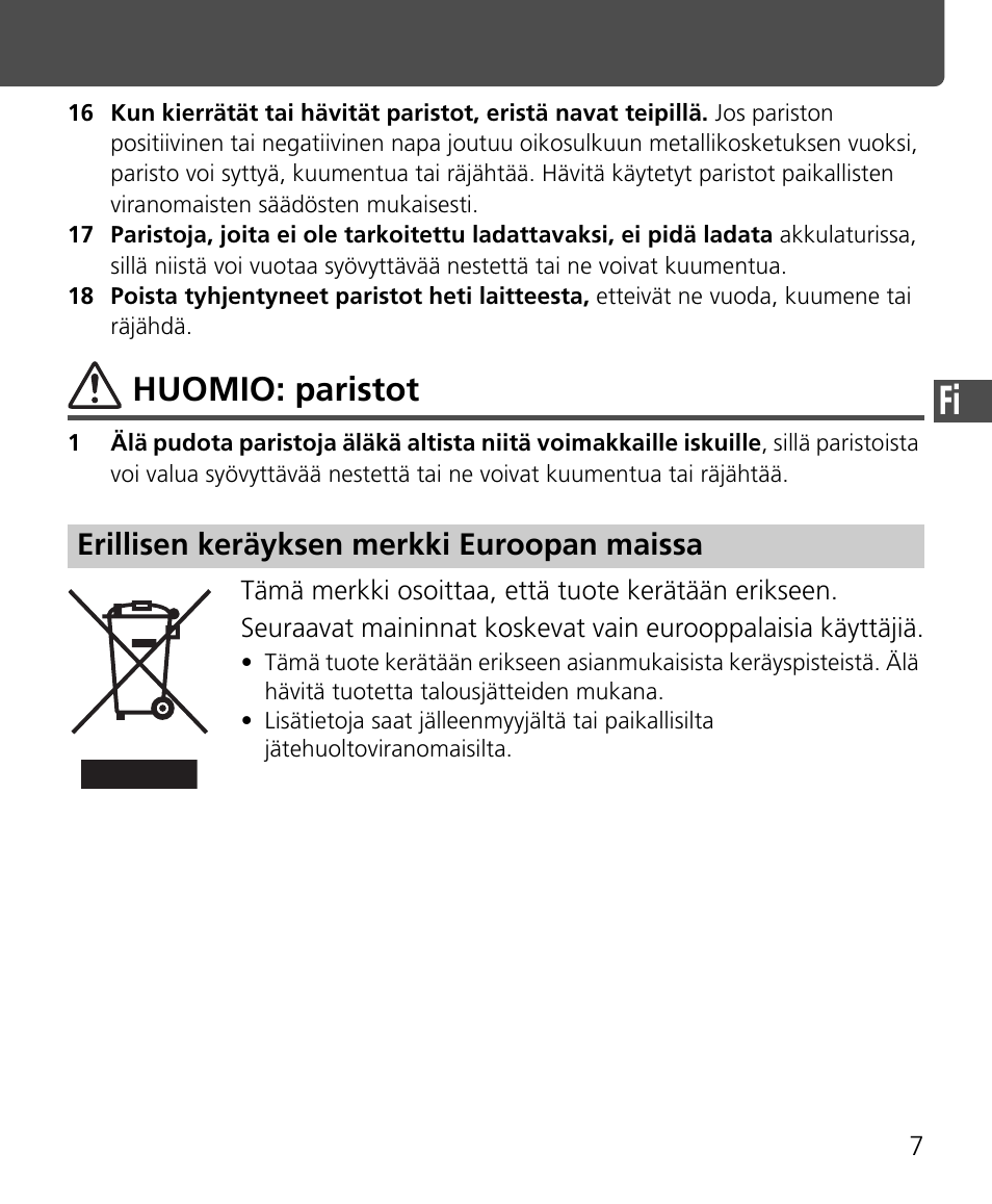 Huomio: paristot, Erillisen keräyksen merkki euroopan maissa | Nikon Speedlite SB-400 User Manual | Page 80 / 218