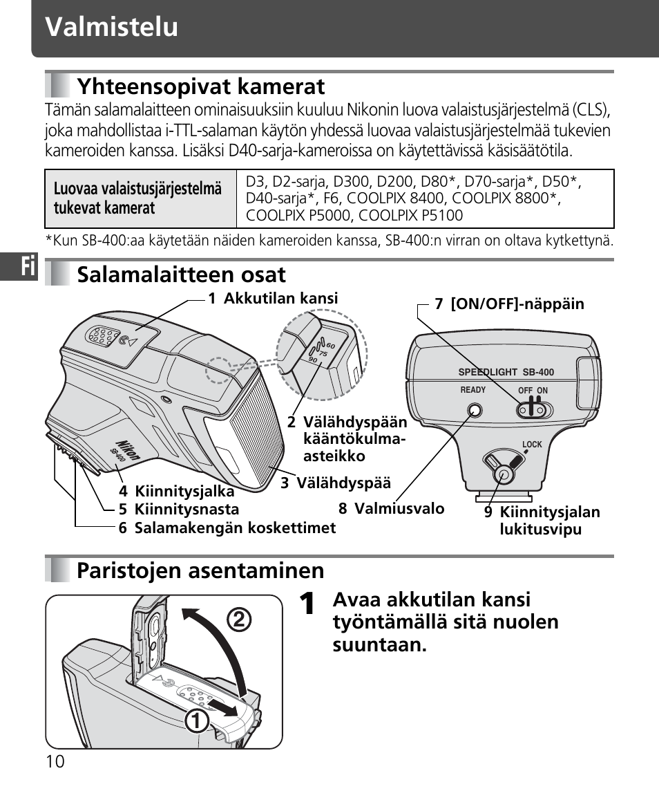 Valmistelu, Yhteensopivat kamerat, Salamalaitteen osat paristojen asentaminen | Nikon Speedlite SB-400 User Manual | Page 83 / 218