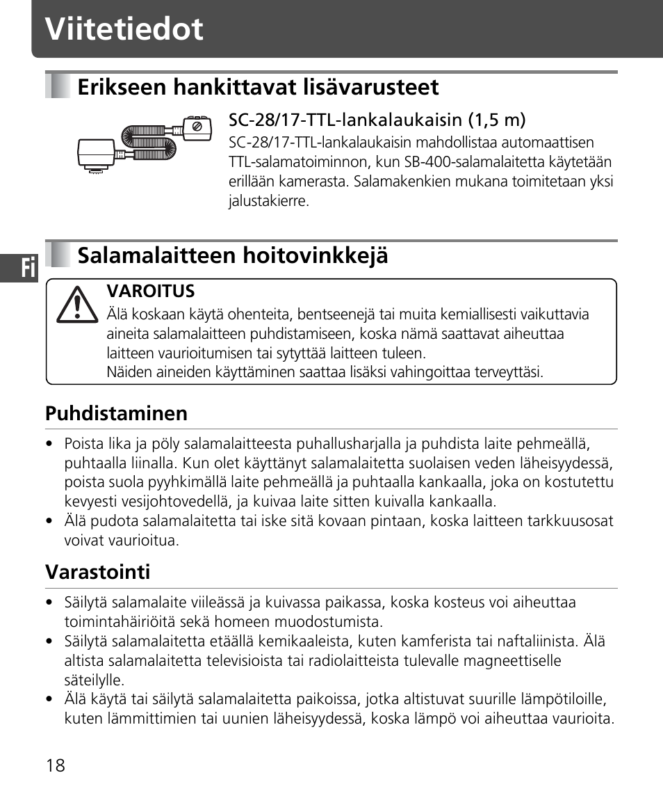 Viitetiedot, Erikseen hankittavat lisävarusteet, Salamalaitteen hoitovinkkejä | Nikon Speedlite SB-400 User Manual | Page 91 / 218