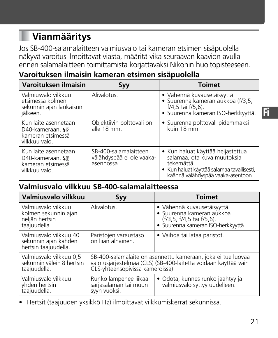 Vianmääritys | Nikon Speedlite SB-400 User Manual | Page 94 / 218