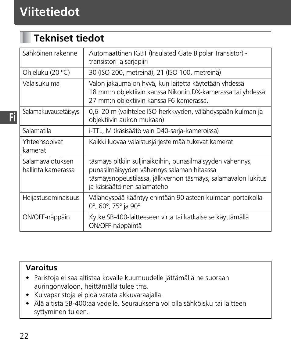 Viitetiedot, Tekniset tiedot | Nikon Speedlite SB-400 User Manual | Page 95 / 218