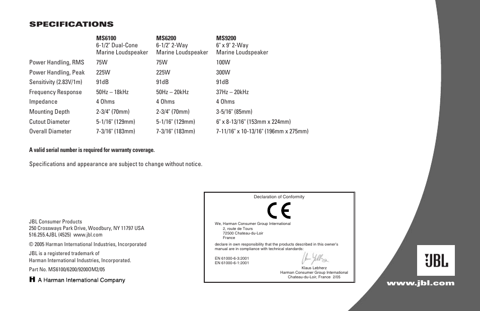 JBL MARINE SERIES MS6100 User Manual | Page 4 / 4