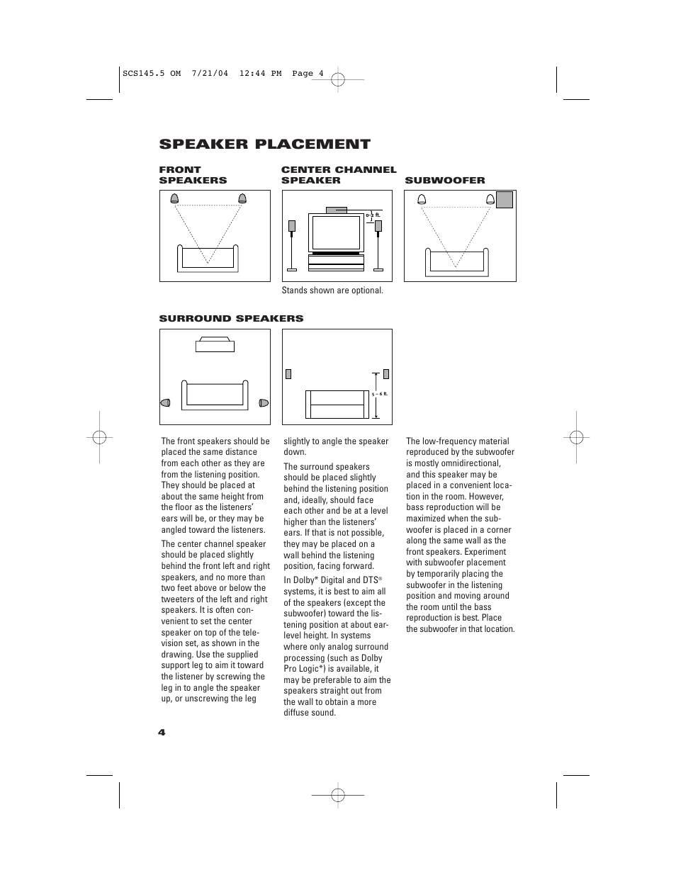 Speaker placement | JBL SCS145.5 User Manual | Page 4 / 12