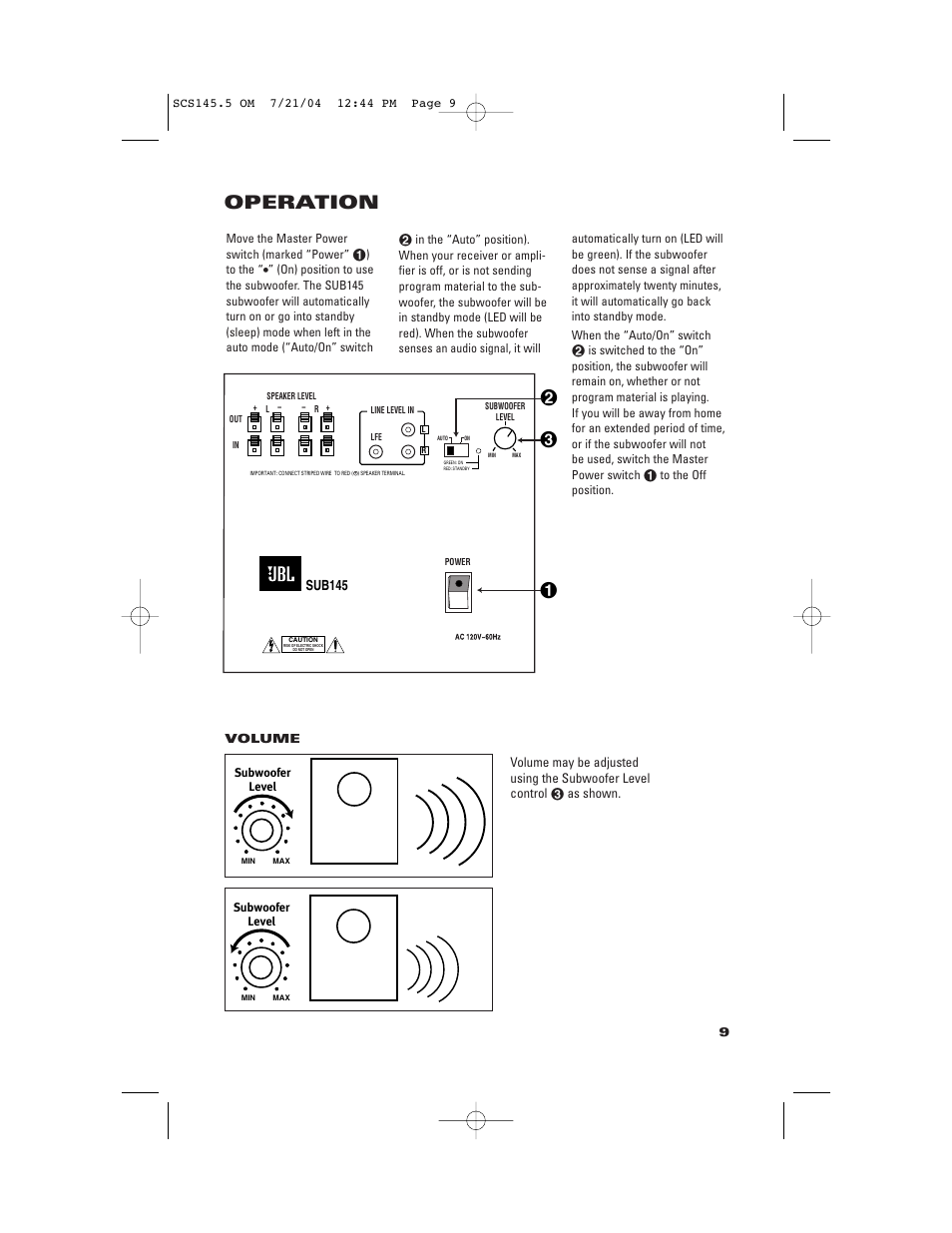 Operation, Sub145 | JBL SCS145.5 User Manual | Page 9 / 12