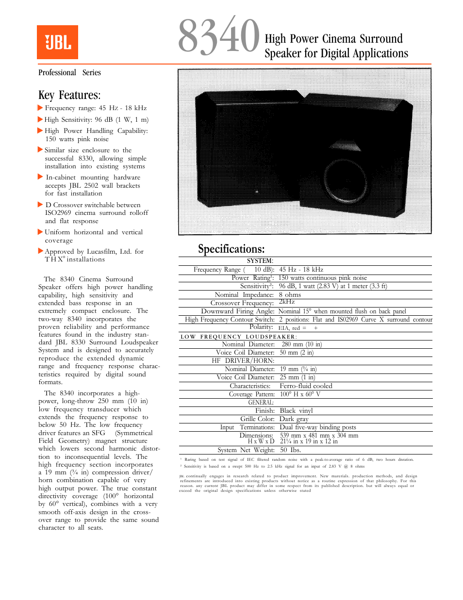 JBL High Power Cinema Surround Speaker for Digital Applications 8340 User Manual | 2 pages