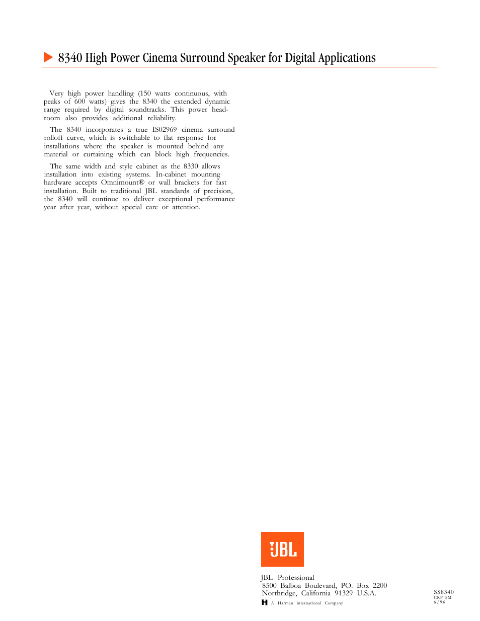 JBL High Power Cinema Surround Speaker for Digital Applications 8340 User Manual | Page 2 / 2