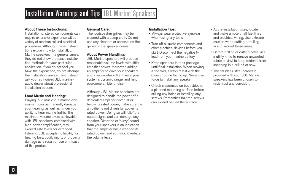 Installation warnings and tips jbl marine speakers | JBL MS620 User Manual | Page 2 / 4