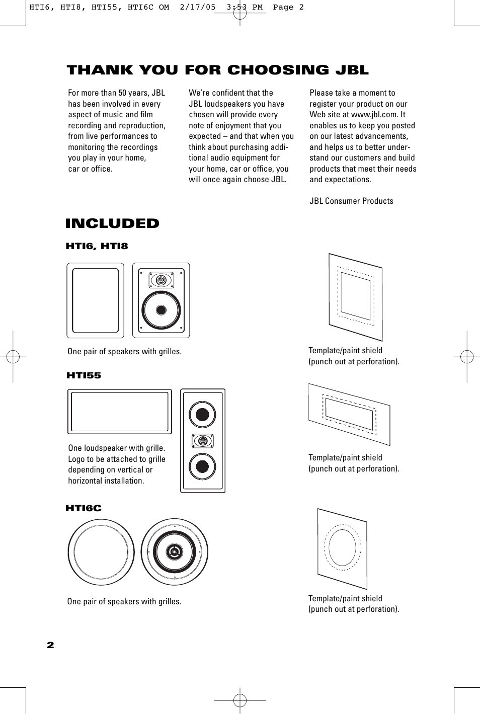 Included | JBL HTI8 User Manual | Page 2 / 8