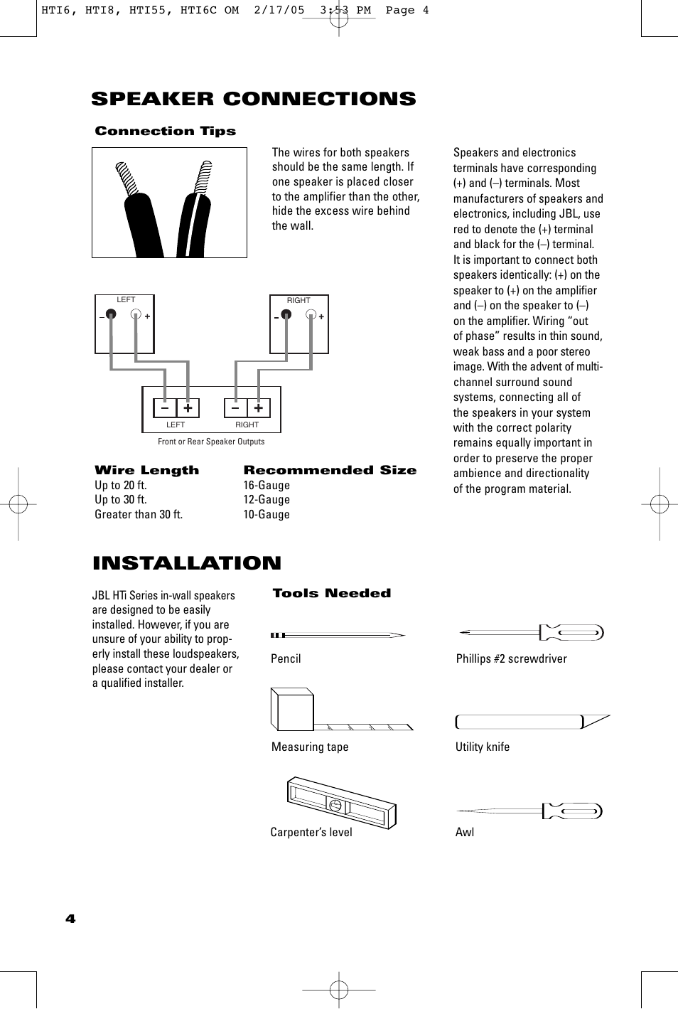 Installation, Speaker connections | JBL HTI8 User Manual | Page 4 / 8