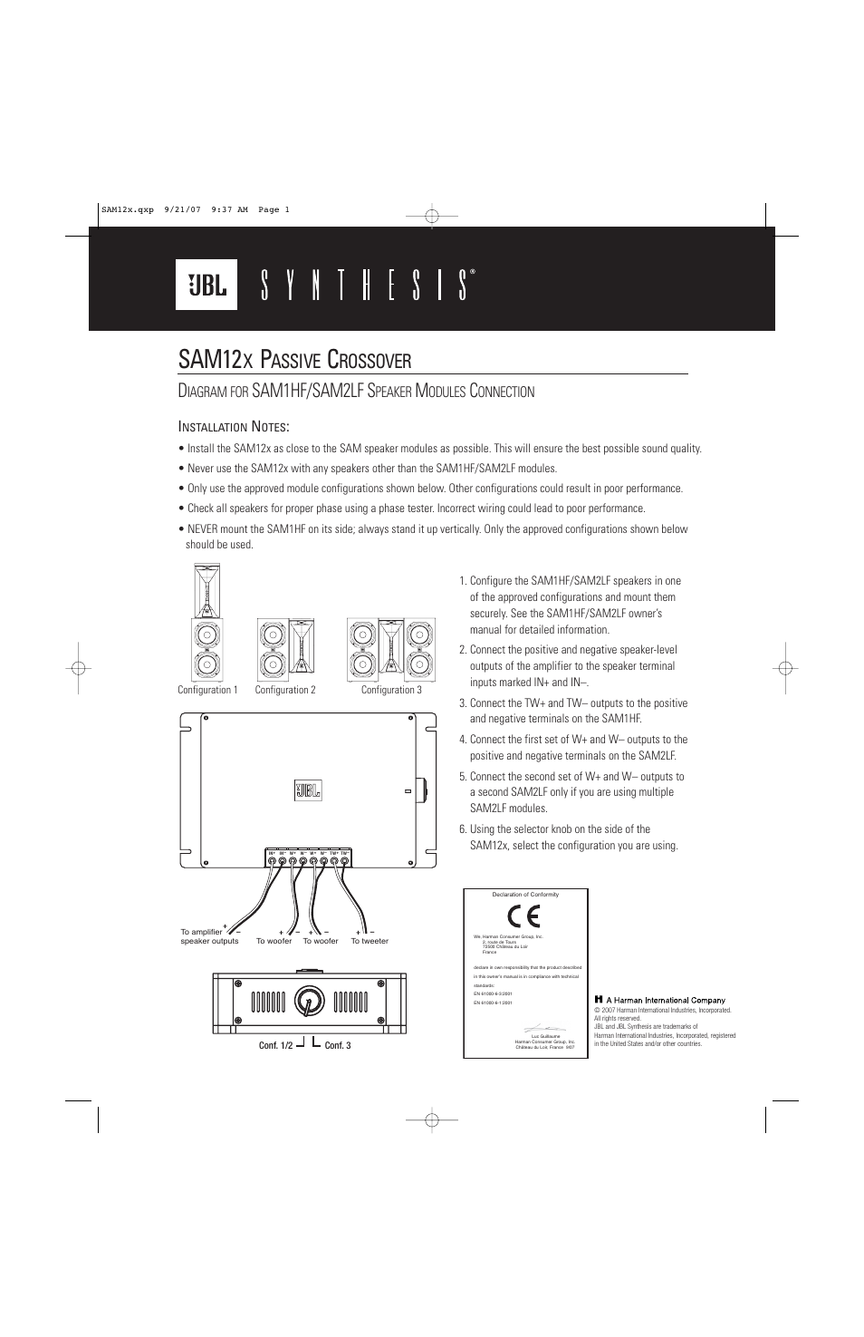 JBL SAM12X User Manual | 1 page