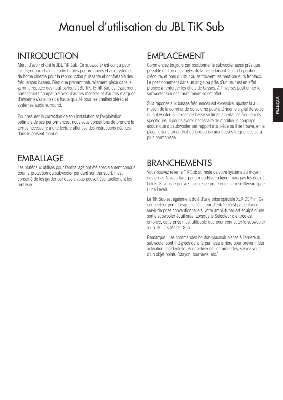 Manuel d’utilisation du jbl tik sub, Introduction, Emballage | Emplacement, Branchements | JBL TiK Sub User Manual | Page 10 / 14