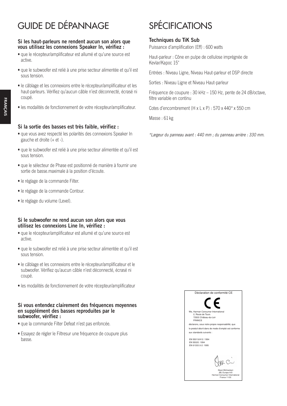 Guide de dépannage, Spécifications, Si la sortie des basses est très faible, vérifiez | Techniques du tik sub | JBL TiK Sub User Manual | Page 13 / 14