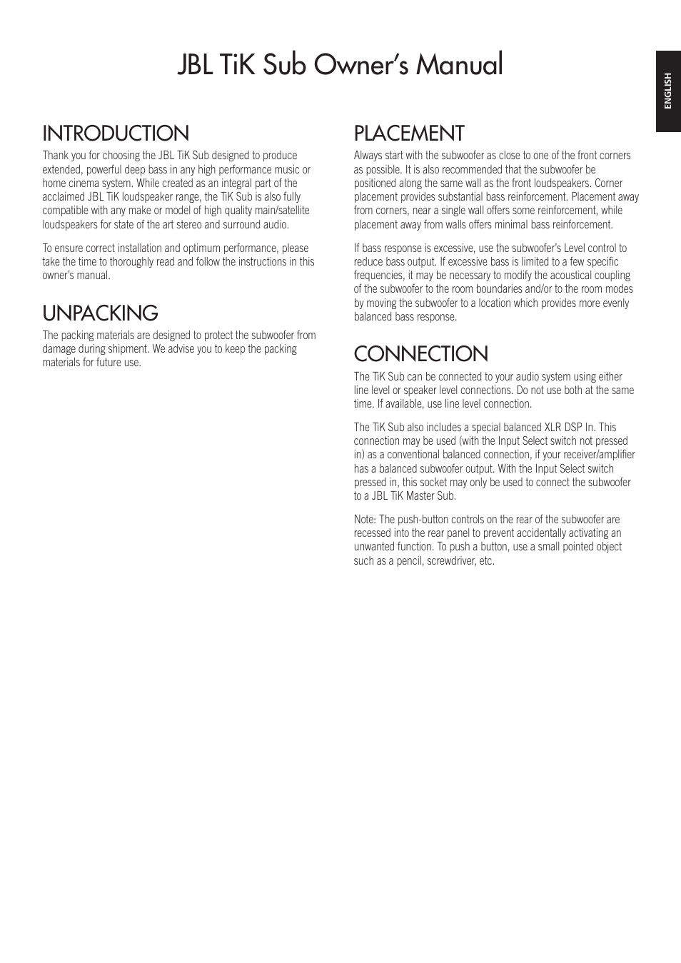Jbl tik sub owner’s manual, Introduction, Unpacking | Placement, Connection | JBL TiK Sub User Manual | Page 2 / 14