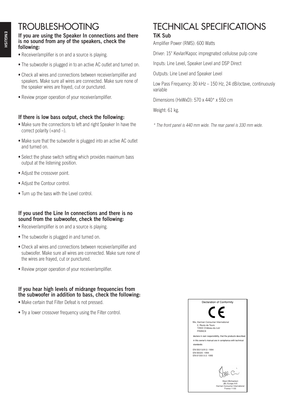 Troubleshooting, Technical specifications, If there is low bass output, check the following | Tik sub | JBL TiK Sub User Manual | Page 5 / 14