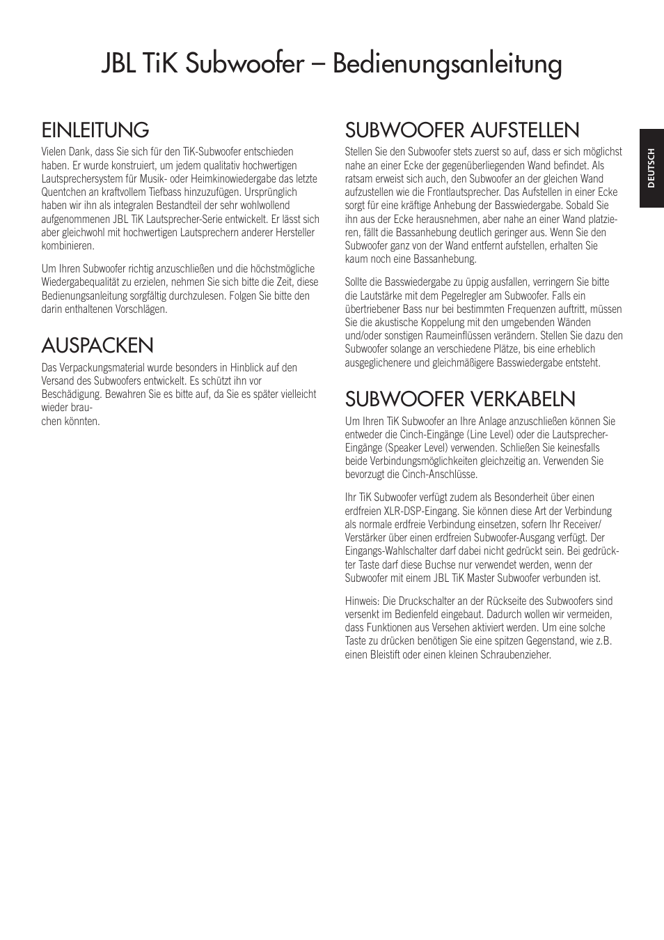 Jbl tik subwoofer – bedienungsanleitung, Einleitung, Auspacken | Subwoofer aufstellen, Subwoofer verkabeln | JBL TiK Sub User Manual | Page 6 / 14