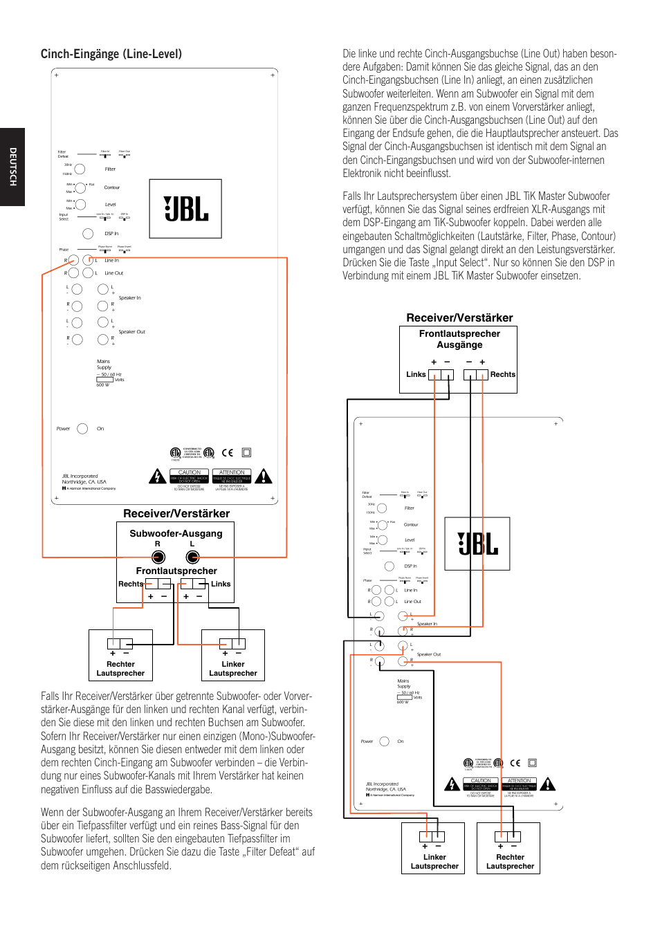 Cinch-eingänge (line-level), Receiver/verstärker | JBL TiK Sub User Manual | Page 7 / 14